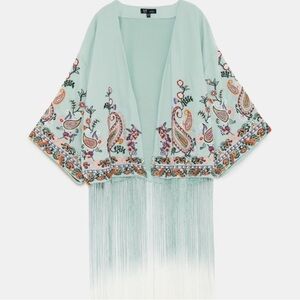 Zara trf collection Kimono Green Embroidered Fringe‎ Oriental Small/Medium NWT